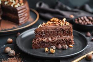 Decadent chocolate cake slice with hazelnut topping on a dark plate photo