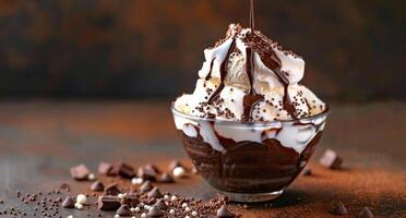 Delicious Sundae Topped with Chocolate Sauce and Shavings photo