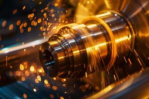Precision metalworking with sparks flying from a CNC machine photo