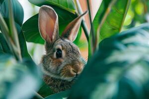 Curious Rabbit Peeking Through Green Leaves photo