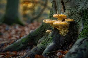 Mushrooms growing at the base of a tree in a forest photo
