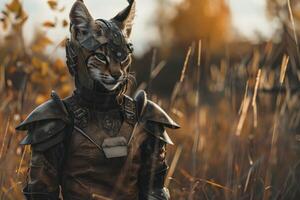 Cat in medieval armor standing in a field at sunset photo