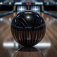 Close up of a bowling ball on a shiny lane with pins in the background photo