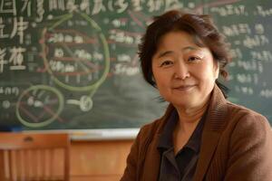 Experienced teacher smiling in front of a chalkboard with mathematical equations photo