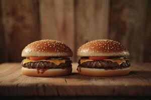Two delicious cheeseburgers with tomatoes and dripping sauce on a wooden table photo