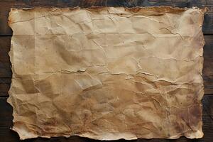 Aged paper texture with rough edges on a wooden background photo