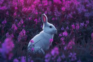 White rabbit in a mystical purple flower field photo