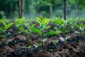 Young plants growing in fertile soil with a blurred forest background photo