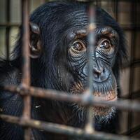 Close up of a chimpanzee behind bars with a thoughtful expression photo