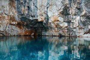 Serene lake with rocky cliffs photo