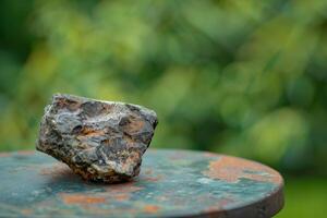 Close up of a unique rock on a rusty surface with a blurred green background photo