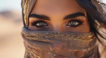 Mysterious eyes of a woman veiled in traditional attire photo