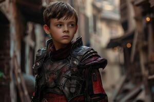 Young boy in futuristic armor looking determined in an urban dystopian setting photo