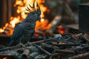 Cockatoo on a fiery backdrop in a blacksmith workshop photo