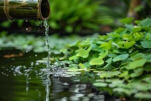 Tranquil water garden with bamboo water feature photo