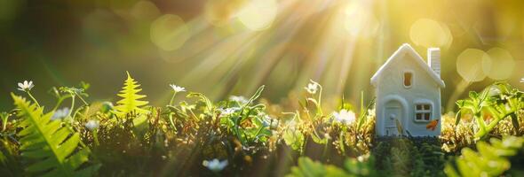 Miniature house in a magical forest setting with sunlight photo