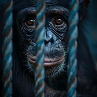 Close up of a chimpanzee behind bars with a thoughtful expression photo
