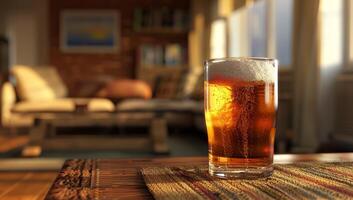 Refreshing glass of beer on a table during golden hour photo