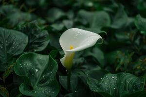 Dew kissed Calla Lily Standing Elegantly Amongst Lush Leaves photo