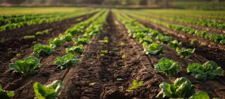 Young cabbage plants growing in neat rows on a farm photo
