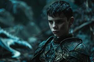 Young warrior in dark armor standing in a mystical forest photo