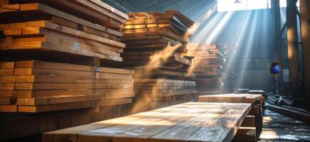 Sunlight streaming through a warehouse onto stacks of lumber photo