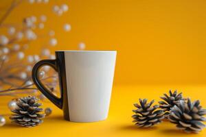White mug with decorative pine cones on a yellow background photo