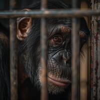 Chimpanzee behind bars looking out with a thoughtful expression photo