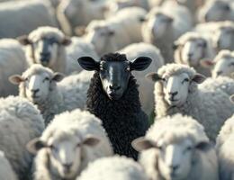 Black sheep standing out in a crowd of white sheep photo