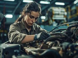 Female mechanic working on a car engine in a workshop photo
