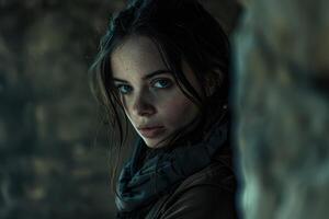 Intense gaze of a young woman in a moody setting photo