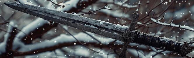 Snow covered ancient sword in a mystical winter forest photo
