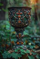 Ornate Antique Chalice in a Mystical Forest Setting photo