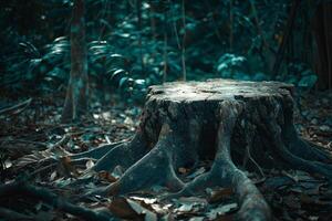 Mystical tree stump in a dark forest photo