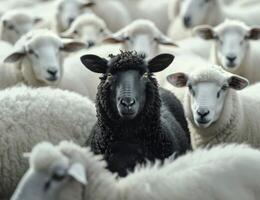 Black sheep standing out in a crowd of white sheep photo