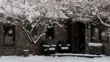 a stone house with snow falling on the ground and trees video