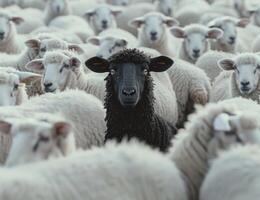 Black sheep standing out in a crowd of white sheep photo