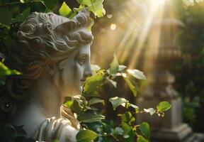 Sunlight filtering through leaves onto a classical statue in a serene garden photo