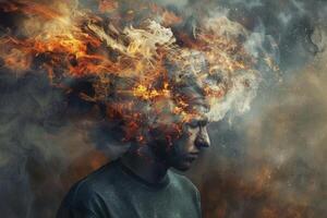 Man with head engulfed in flames and smoke, symbolizing intense emotion or thought photo