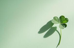 Single four leaf clover casting a shadow on a light green background photo