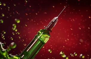 Syringe with green liquid splashing against a red background photo