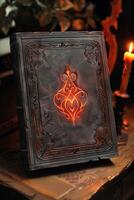 Mystical ancient book with glowing symbols on a dark background photo
