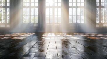 Sunlight streaming through large windows in an empty room with wooden floors photo