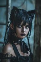 Mysterious woman in dark gothic attire with cat ears photo