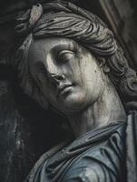 Close up of an ancient stone statue with intricate details photo
