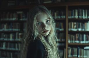 Young girl in library with a thoughtful expression photo