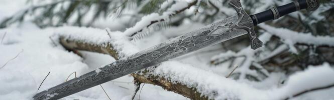 Ornate sword crossed on a snowy forest backdrop photo