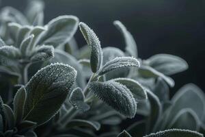 Dew Drops on Sage Leaves in Moody Lighting photo