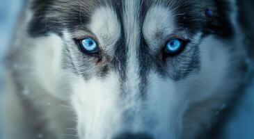 Intense gaze of a blue eyed husky in a cold setting photo