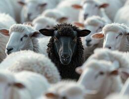Black sheep standing out in a crowd of white sheep photo